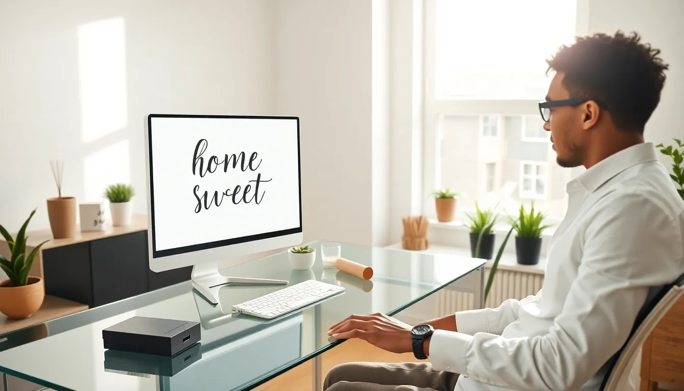 designer editing a 'Home Sweet Home' SVG in a modern office.