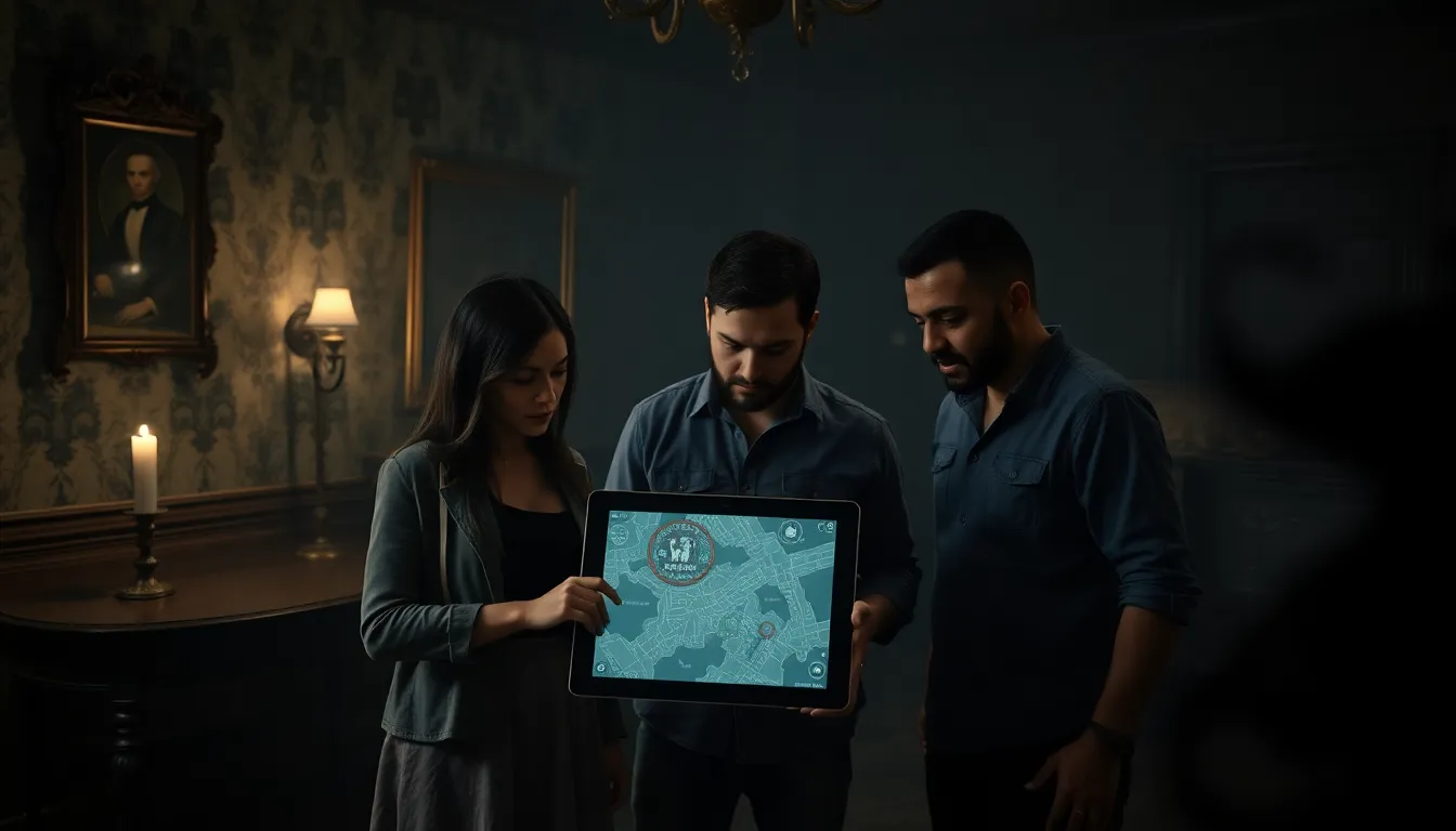 diverse gamers strategizing in a dark, eerie mansion setting.