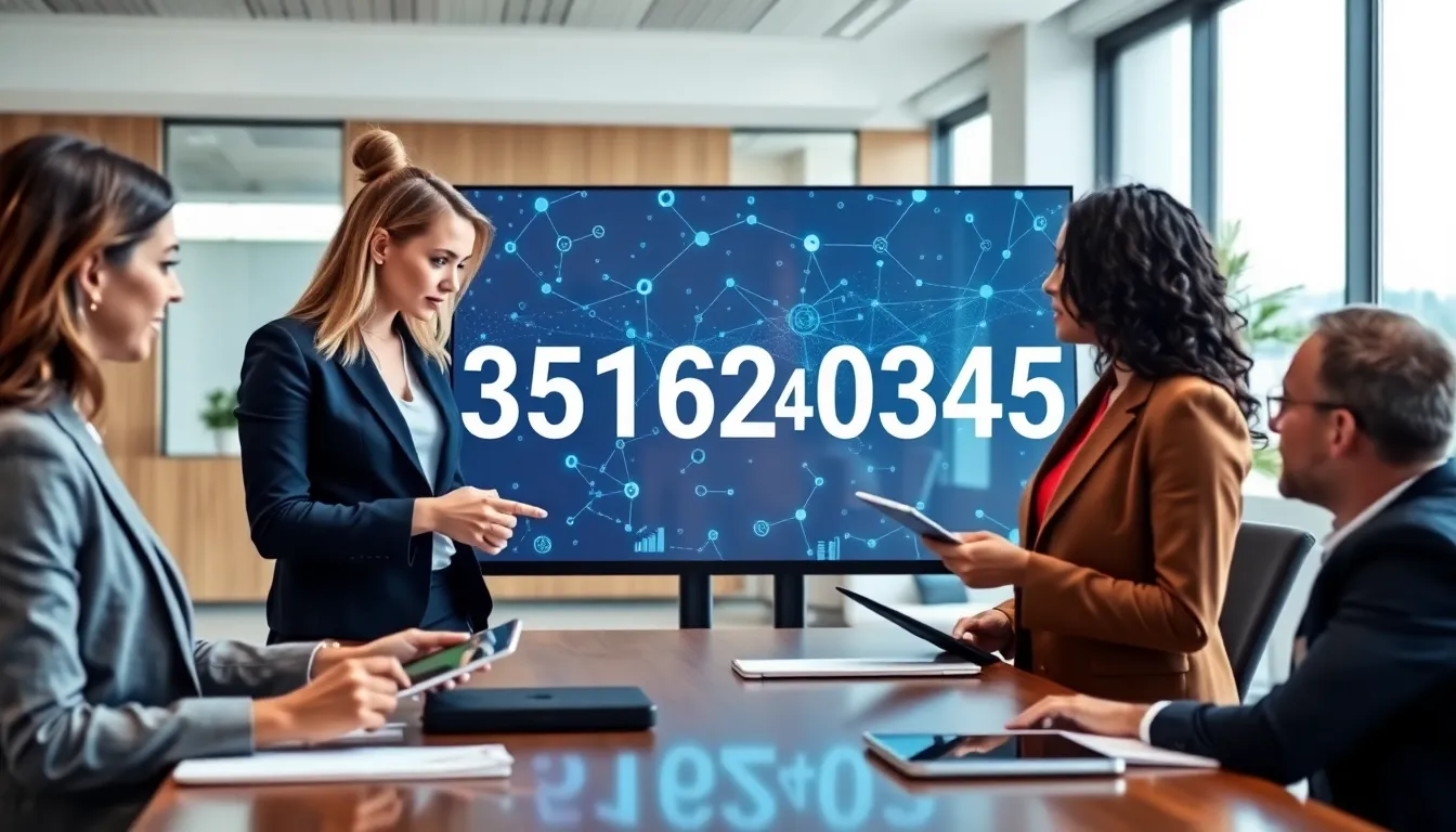 Professionals discussing the number 3516240345 in a modern office.