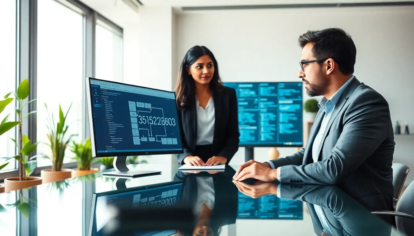 professionals analyzing data in a modern office setting.